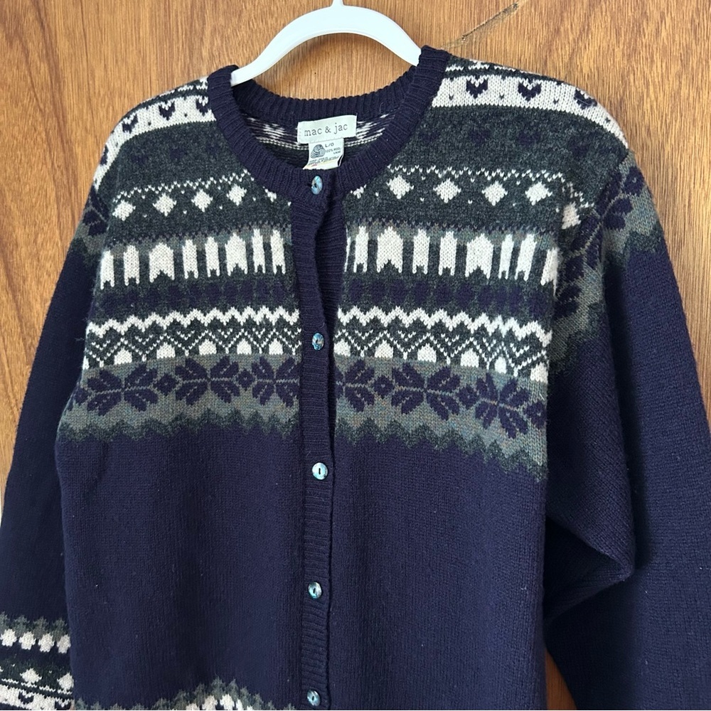 Mac & Jac Vintage 100% Wool Fair Isle Sweater Cardigan - Picture 2 of 8